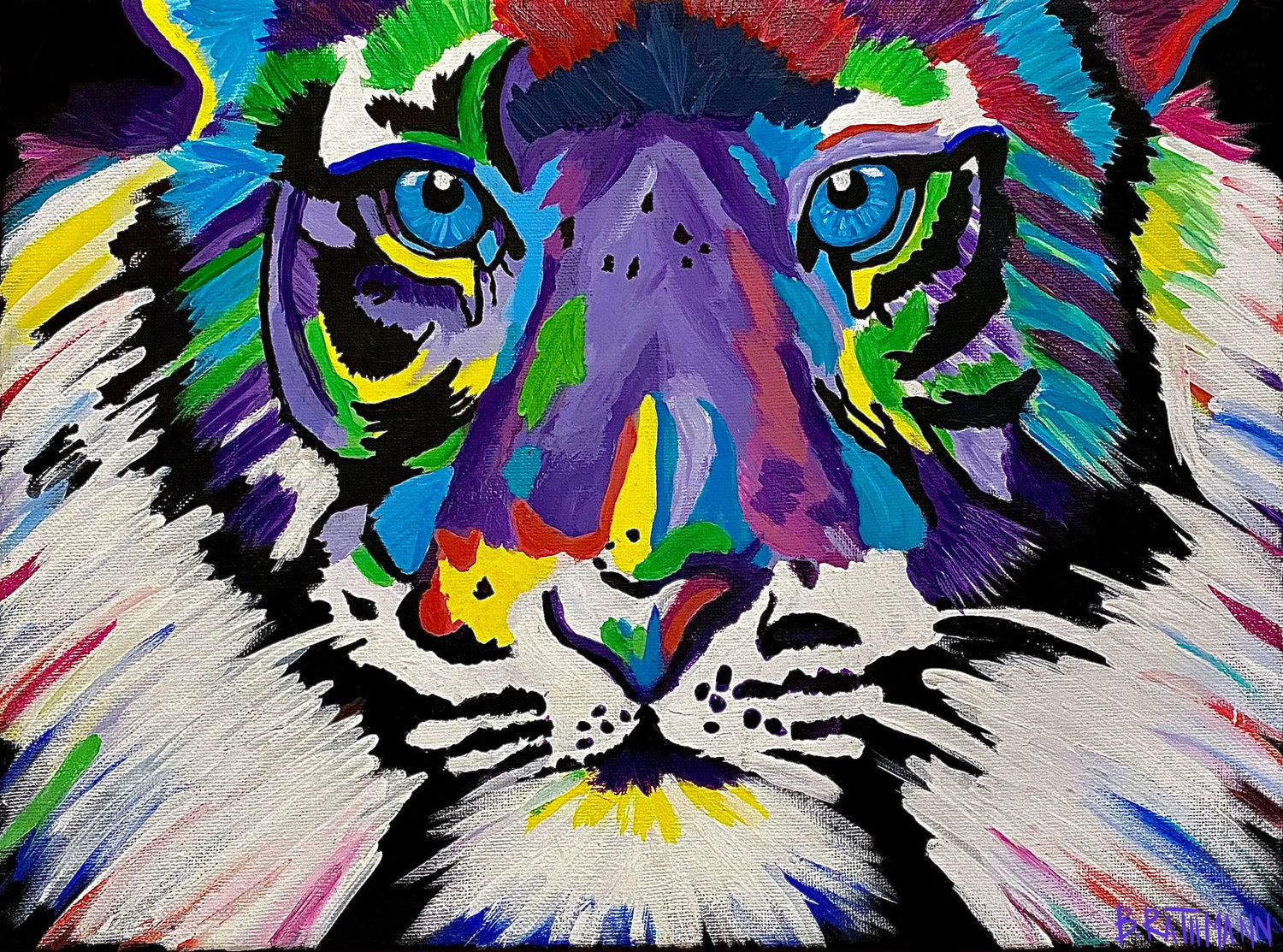 Tiger Print is an art print of various sizes with a 1/4" white border. This is a colorful abstract tiger wall art print that is perfect for any space. There is free US shipping on all prints!