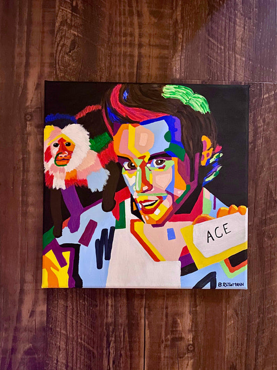Bold wall art made with acrylic paint on a canvas. pop art painting of Jim Carrey