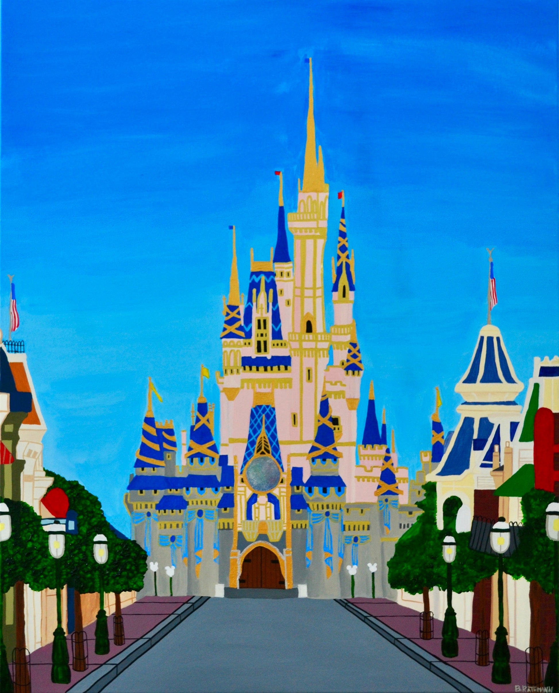 Disney's Magic Kingdom Castle Art Print is a print of various sizes that has a 1/4" border. This is a colorful rendition of the 50th Anniversary Cinderella's Castle at Disney World in Orlando, Florida will add a fun and bold aesthetic with your magical home decorations. There is free US shipping on all prints!