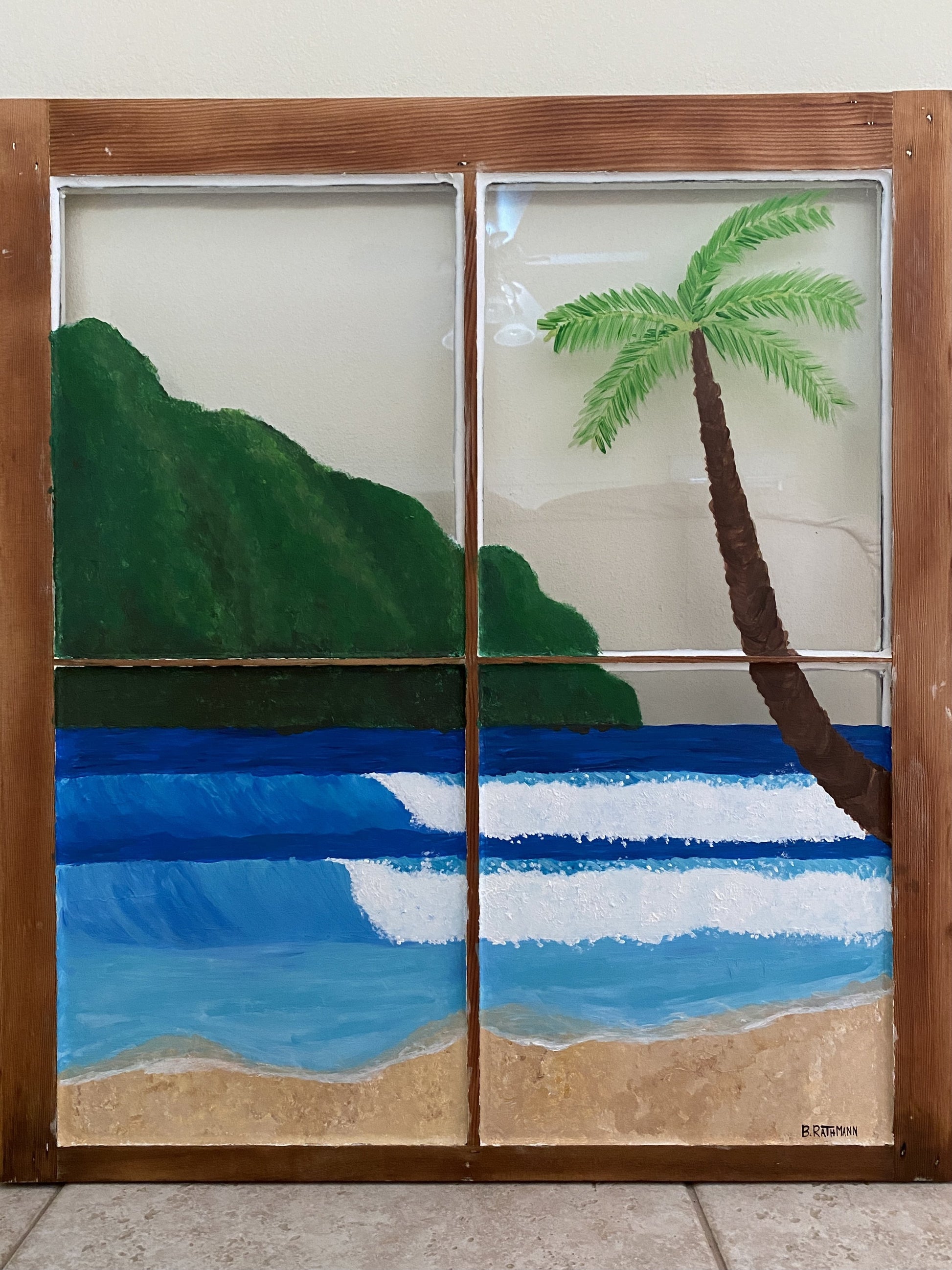 Painted Window. Palm Tree Window. Window Pane Art. Tropical Wall Art. Coastal painted pane art. Beach Window decor. Window wall art. Hand Painted Art. 