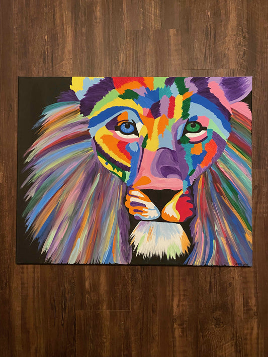 Colorful and bold lion painting artwork on canvas. Eclectic decor. wall art. home decor. abstract art. eclectic art. rainbow colors.