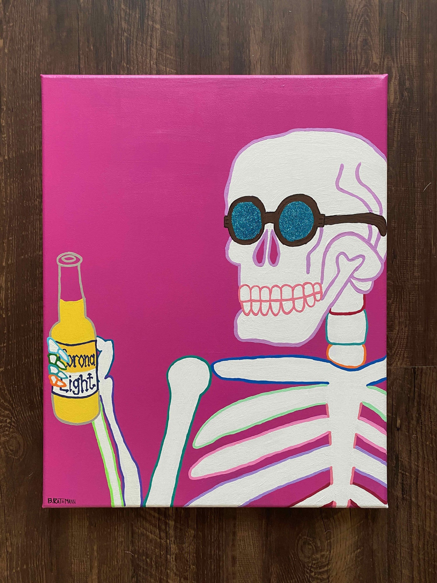 Funky Skeleton is an acrylic painting of a rad skeleton on an 16"X20" canvas. This original painting is perfect for any space. This work was inspired by my love for color and corona light.