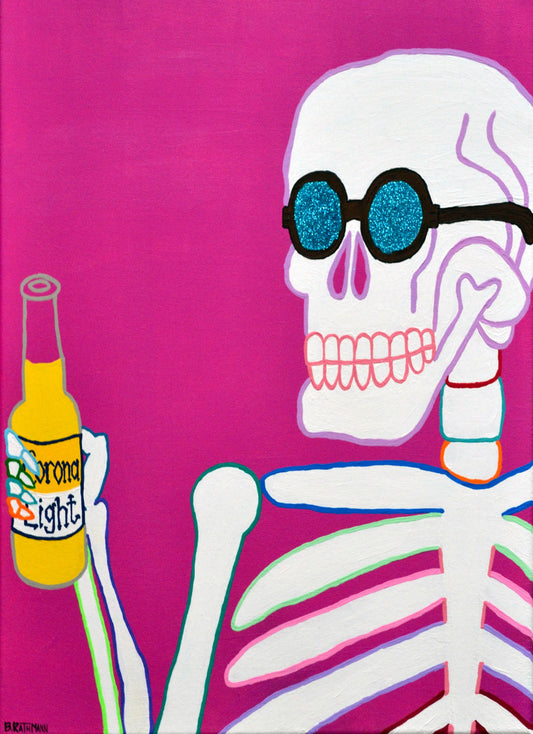 Funky Skeleton Art Print is a print of various sizes that is borderless. This is a colorful and glittery skeleton holding a Corona Light will add a bold aesthetic to your space.