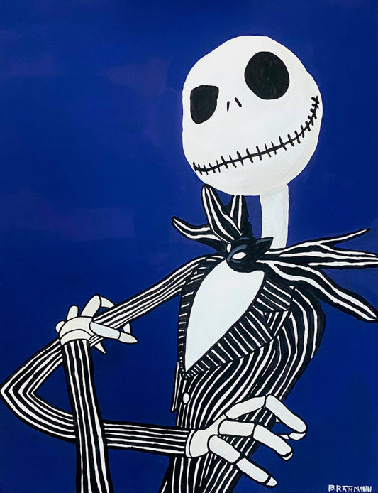 Jack Skellington Art Print is a print of various sizes that has a 1/4" border. This is a colorful rendition of Jack Skellington from Tim Burton's A Nightmare Before Christmas will add a fun and bold aesthetic with your Halloween decorations. There is free US shipping on all prints!