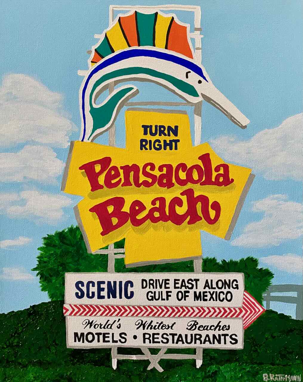 Pensacola Beach Sign Art Print is a print of various sizes that has a 1/4" border. This is a colorful rendition of the classic Pensacola Beach Sign in Pensacola, Florida. This wall art print will add a fun and bold aesthetic to your home.  There is free US shipping on all prints!