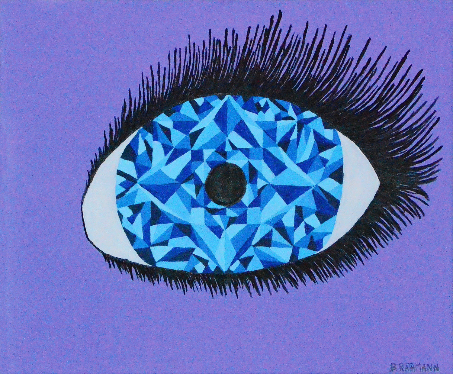 A physical art print that features a large blue diamond eye on a lavender purple background.