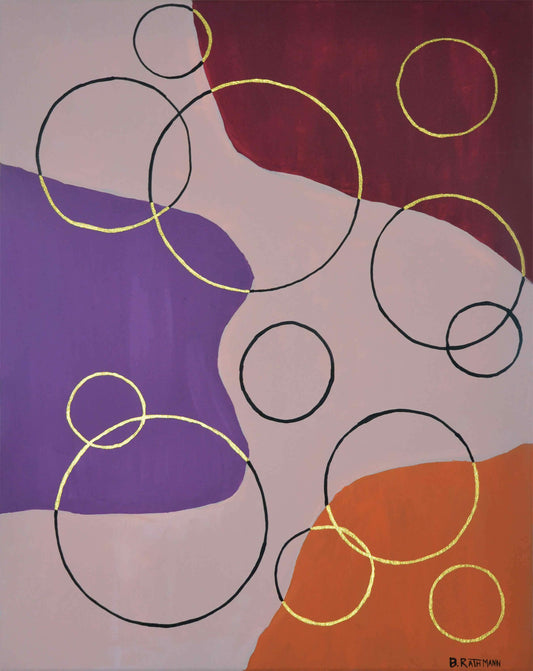 This is a colorful abstract art print using burgundy, purple, orange, light pink, black, and gold.
