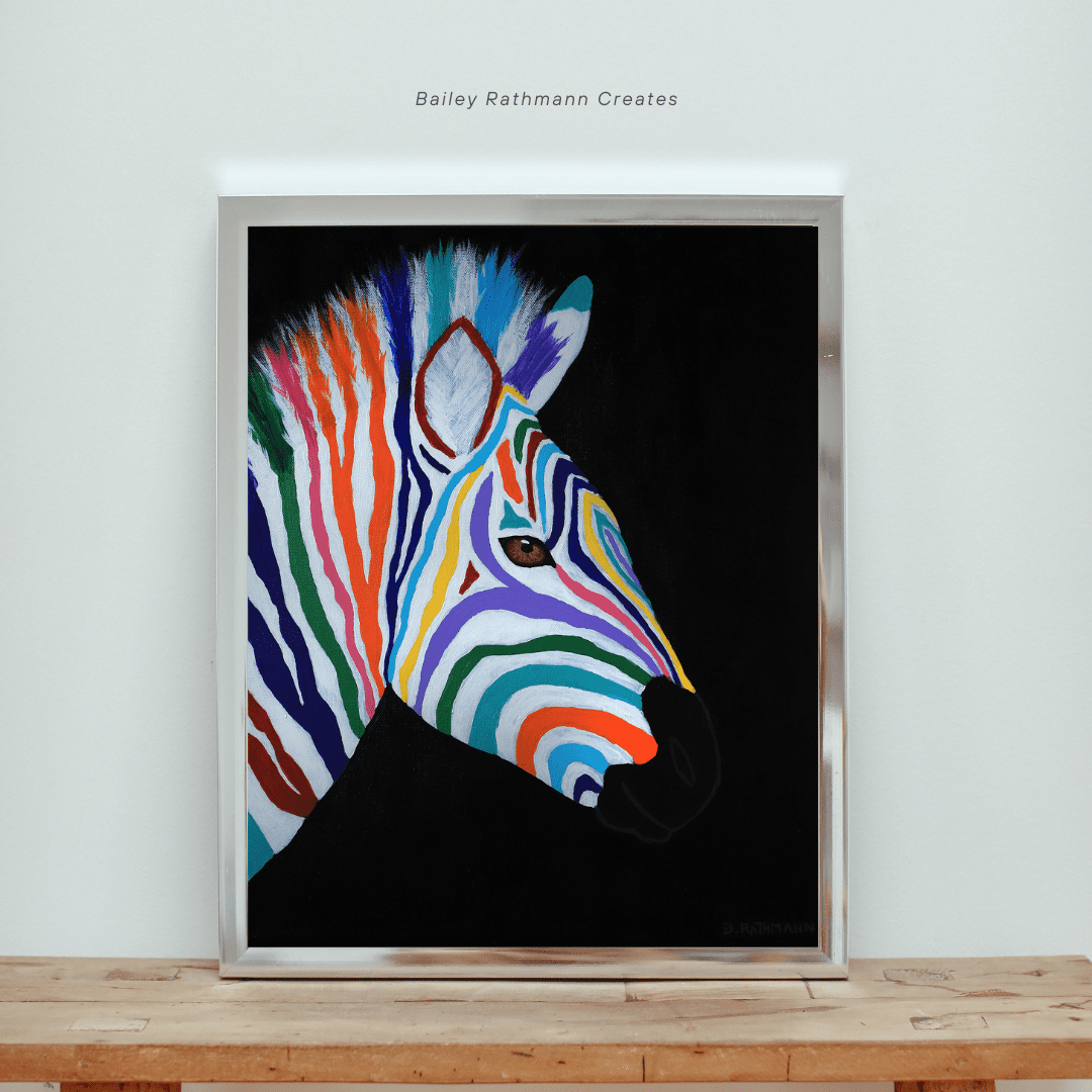 colorful zebra art print. colorful living. art print. gallery wall art. wall decor. animal art print.