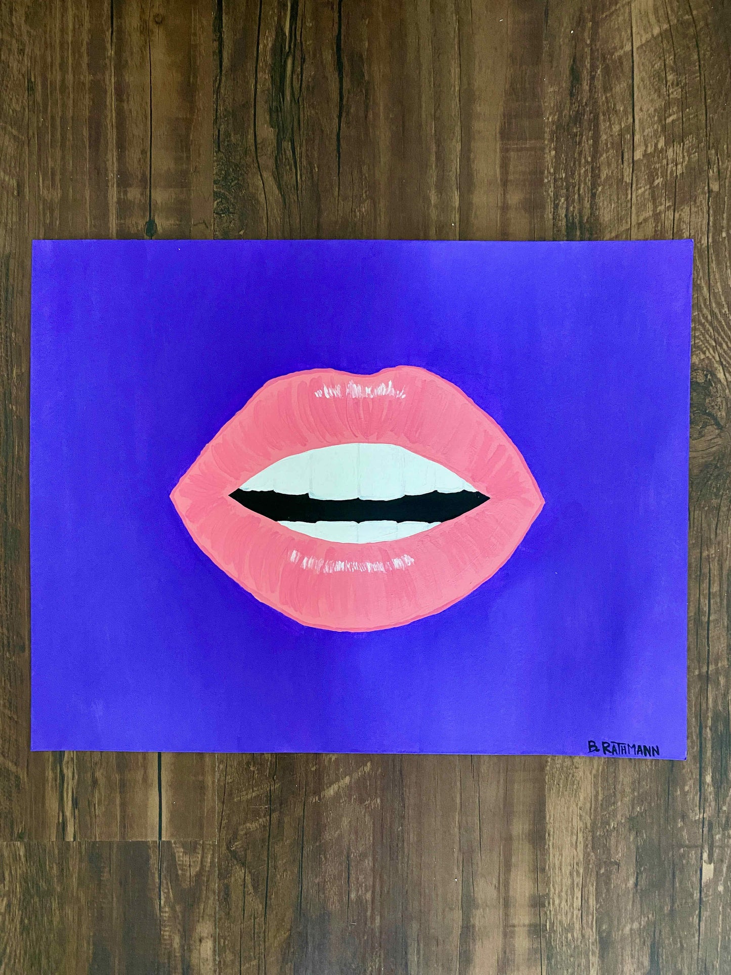 This is an original acrylic painting on heavy paper. The bright pink lips are centered on a purple background.