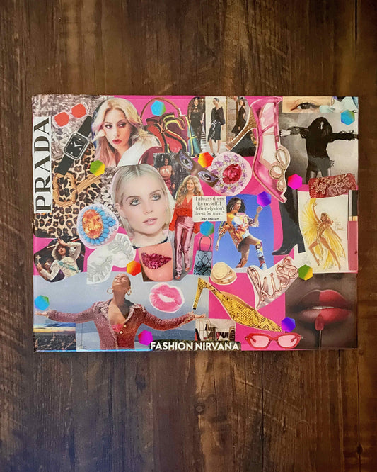 Glamorama art collage is a high fashion collage on wooden canvas. This a glamorous mixed media collage with a vibrant pink background.