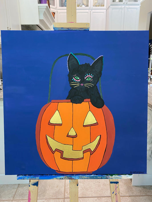 The "Halloween Black Cat & Pumpkin" painting is meant to make a spooky statement. This canvas was hand painted with acrylic paint and carefully designed. The painting of the black cat in a classic carved pumpkin adds spice to your Halloween decor.
