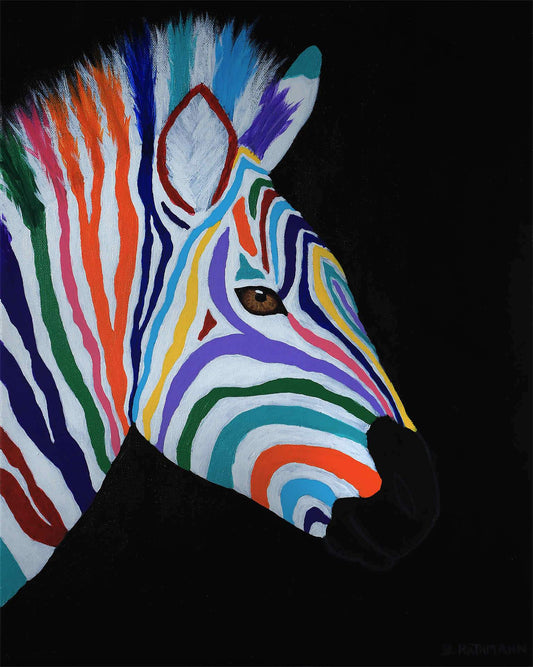 This is a rainbow colored zebra on a black background wall art print.